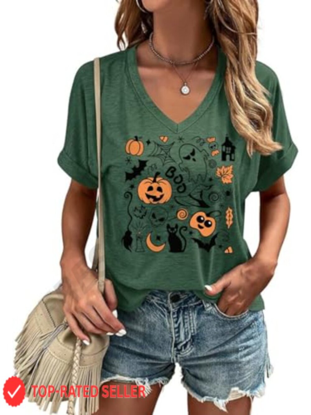 Womens Halloween Graphic V Neck Short Sleeve Tee Spooky Fall Casual Shirt
